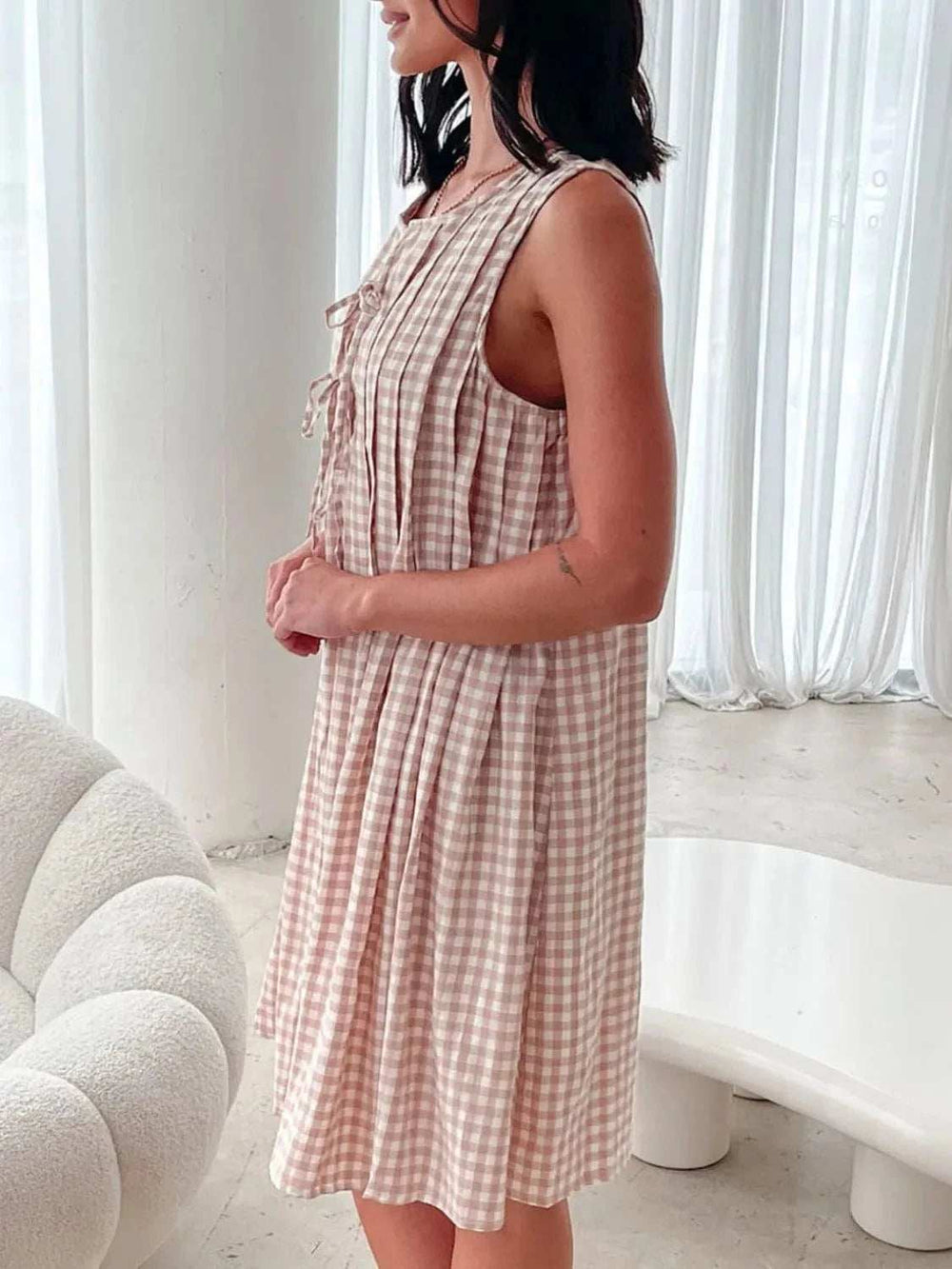 Tied Front Sleeveless Plaid Dress - Trendsi - Flyclothing LLC