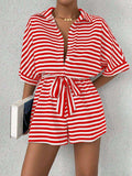Tie Waist Half Button Striped Romper - Trendsi - Flyclothing LLC
