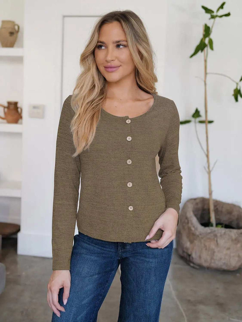 Button Up Round Neck Long Sleeve Cardigan - Trendsi - Flyclothing LLC
