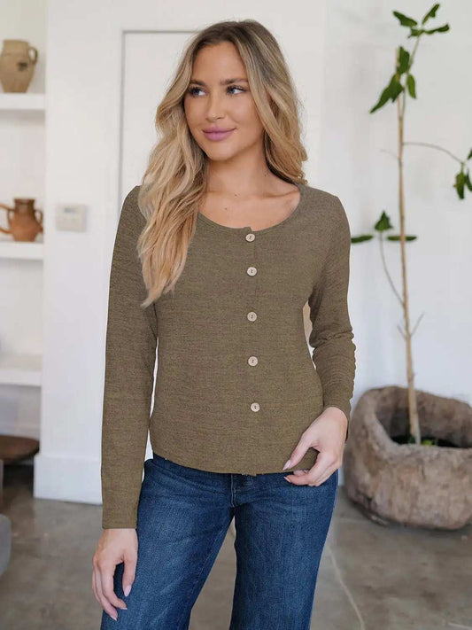 Button Up Round Neck Long Sleeve Cardigan - Trendsi - Flyclothing LLC
