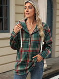 Drawstring Plaid Hooded Long Sleeve Top - Trendsi - Flyclothing LLC