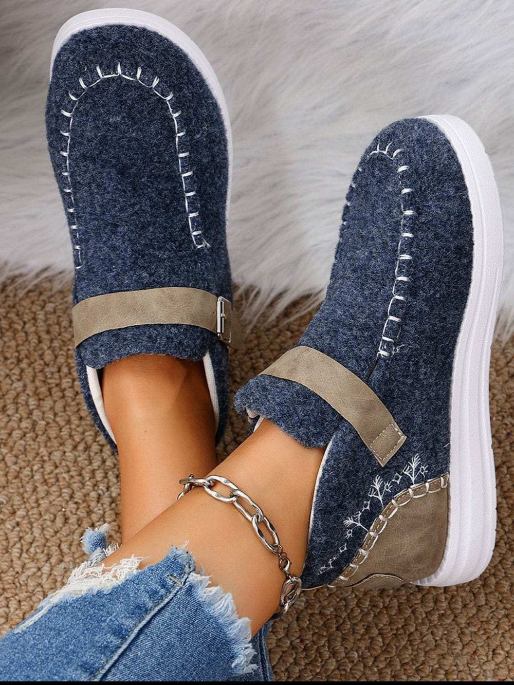 Contrast Round Toe Buckle Sneakers - Trendsi - Flyclothing LLC