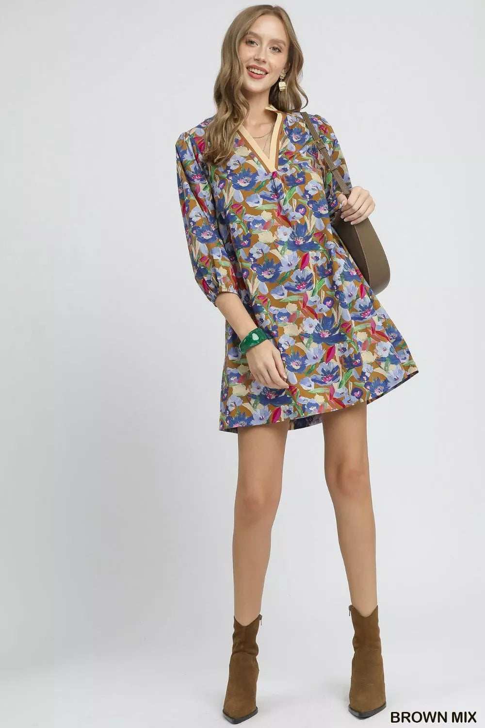 Umgee Boho Floral Balloon Sleeve Mini Dress - Trendsi - Flyclothing LLC