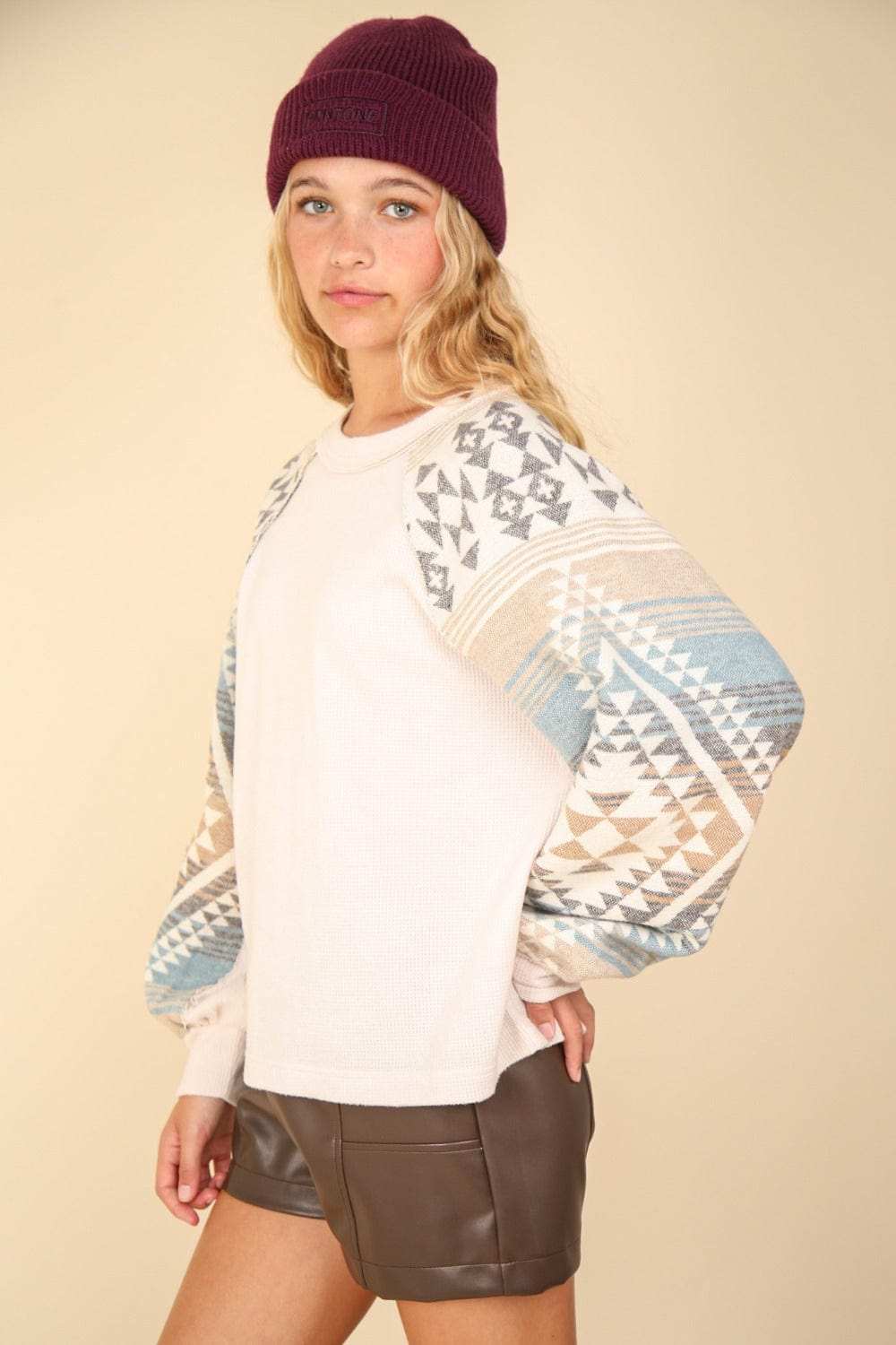 VERY J Printed Long Sleeve Round Neck Knit Top - Trendsi - Flyclothing LLC