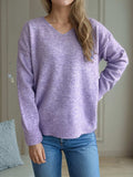 V-Neck Dropped Shoulder Long Sleeve Sweater - Trendsi - Flyclothing LLC