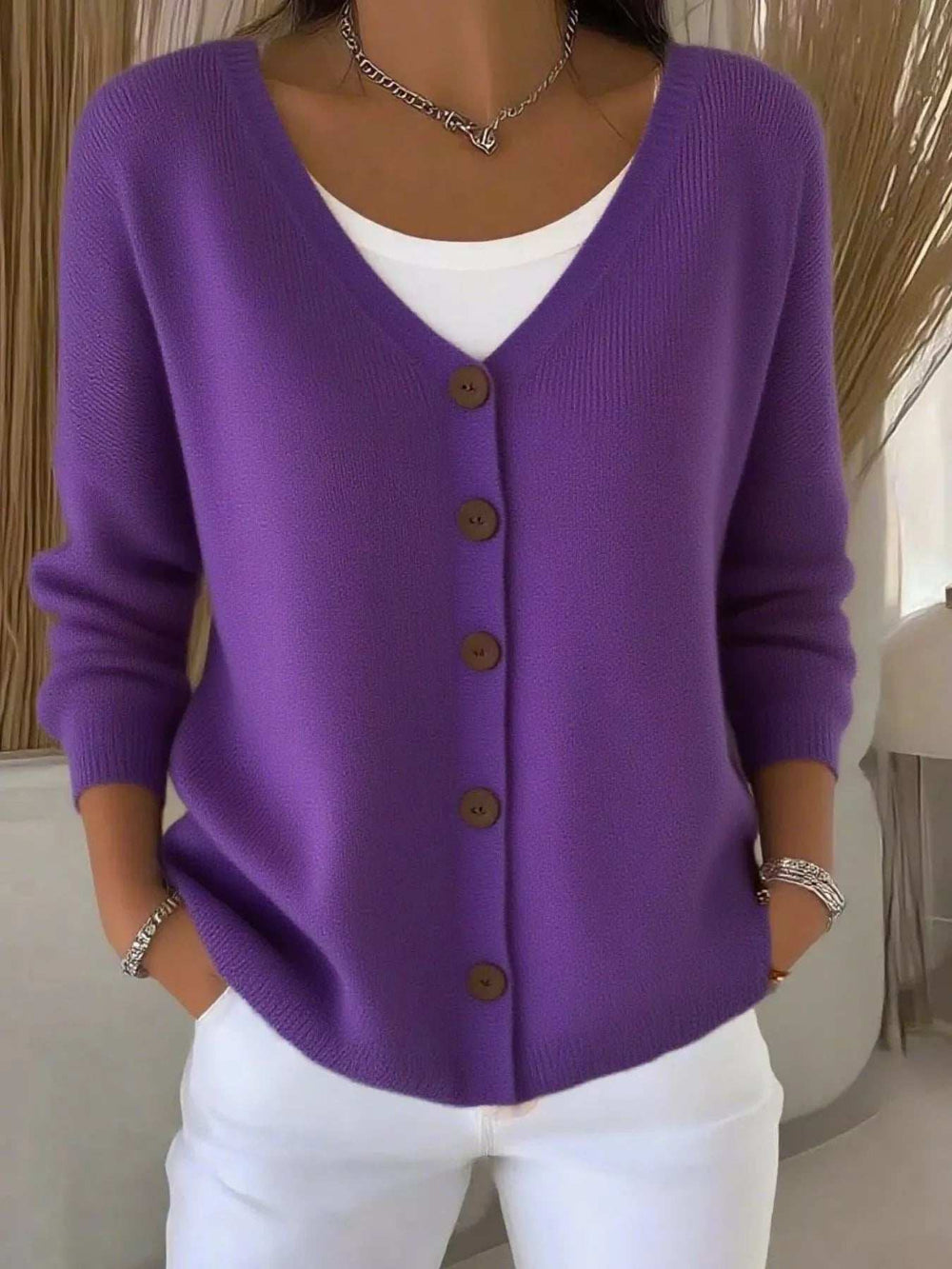 Full Size Button-Front V-Neck Cardigan Plus Size - Trendsi - Flyclothing LLC