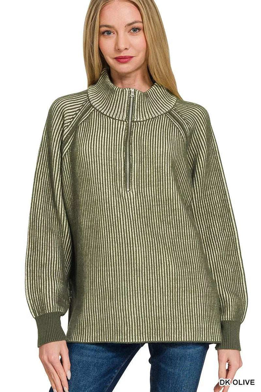 Zenana Ribbed Two Tone Half Zip Sweater - Trendsi - Flyclothing LLC