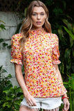 Floral Puff Sleve Keyhole Blouse - Trendsi - Flyclothing LLC