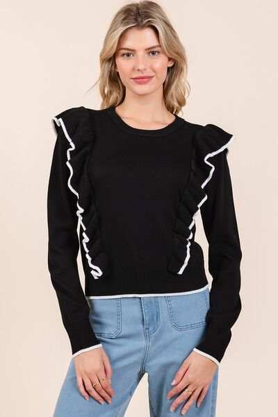 Mittoshop Contrast Trim Ruffled Round Neck Knit Top - Trendsi - Flyclothing LLC