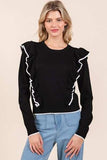 Mittoshop Contrast Trim Ruffled Round Neck Knit Top - Trendsi - Flyclothing LLC