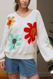 Flower V-Neck Dropped Shoulder Sweater - Trendsi - Flyclothing LLC