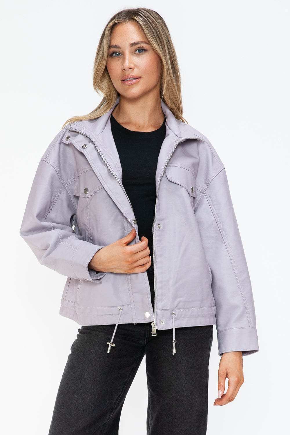 How Dare U Drawstring Hem PU Leather Zip Up Jacket - Trendsi - Flyclothing LLC