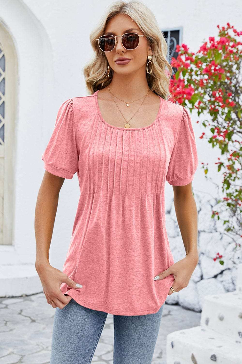 Ruched Scoop Neck Short Sleeve Blouse - Trendsi - Flyclothing LLC