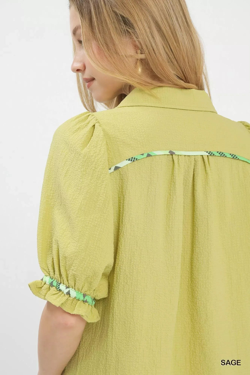 Umgee Scalloped Trim Blouse with Puff Sleeves - Trendsi - Flyclothing LLC