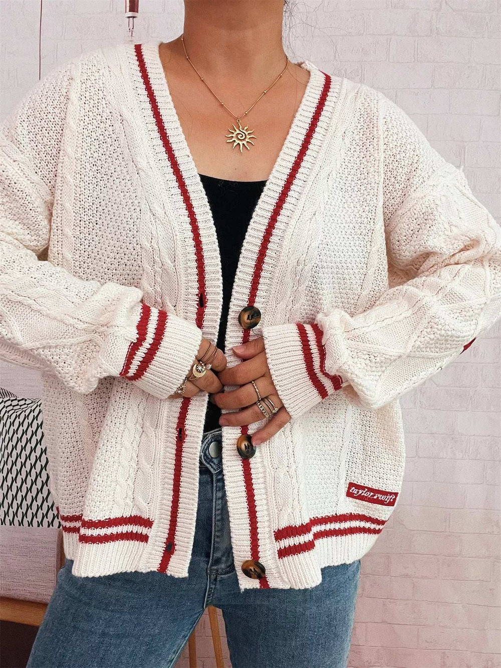 Star Pattern Button-Up Cardigan with Contrast Trim - Trendsi - Flyclothing LLC