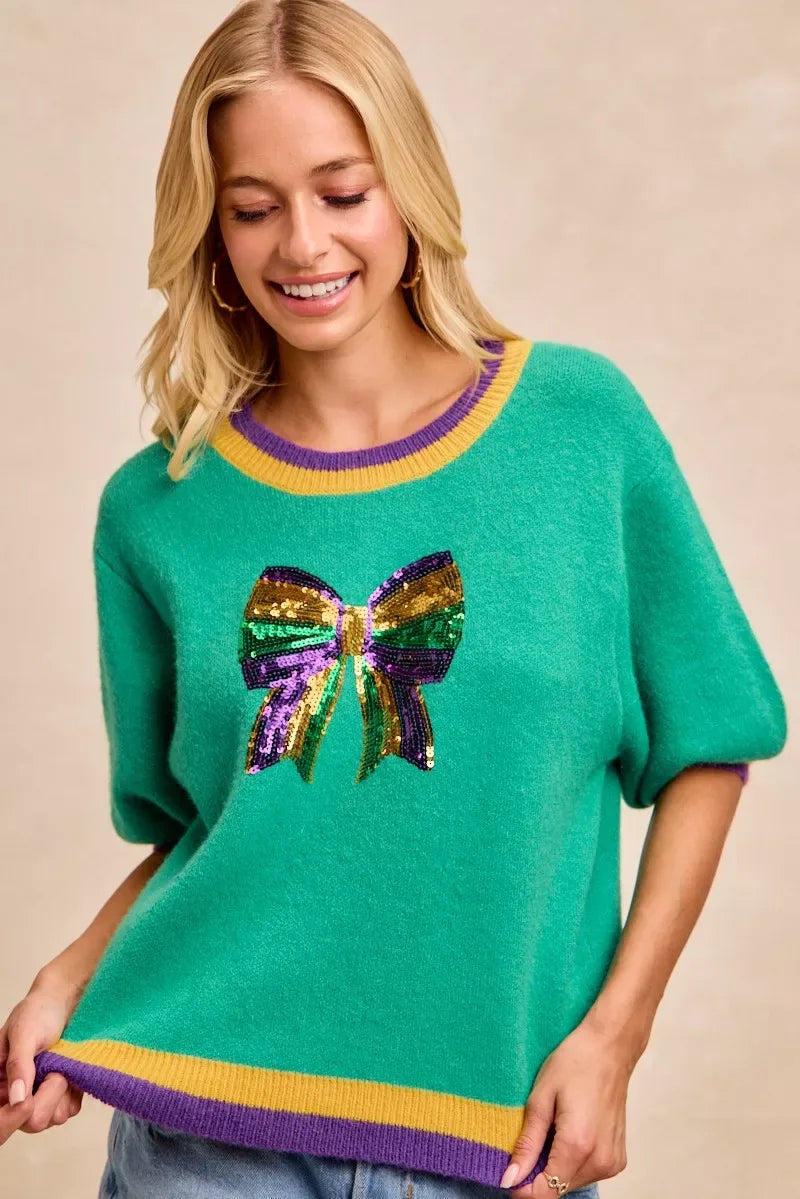 BiBi Mardi Gras Sequin Ribbon Patched Sweater - Trendsi - Flyclothing LLC