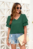 Swiss Dot V-Neck Short Sleeve Blouse - Trendsi - Flyclothing LLC