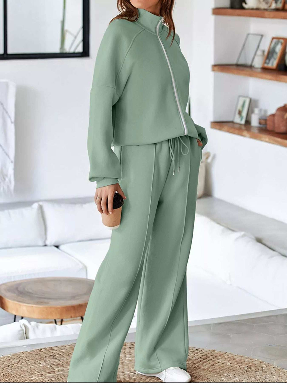 Drop Shoulder Zip Up Jacket and Drawstring Pants Active 2pcs Set - Trendsi - Flyclothing LLC