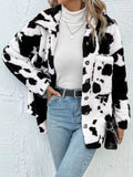 Cow Print Collared Neck Button Up Fuzzy Jacket - Trendsi - Flyclothing LLC
