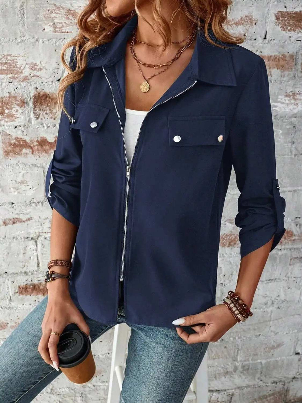 Zip Up Collared Neck Roll-Tab Sleeve Jacket - Trendsi - Flyclothing LLC