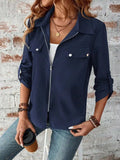 Zip Up Collared Neck Roll-Tab Sleeve Jacket - Trendsi - Flyclothing LLC