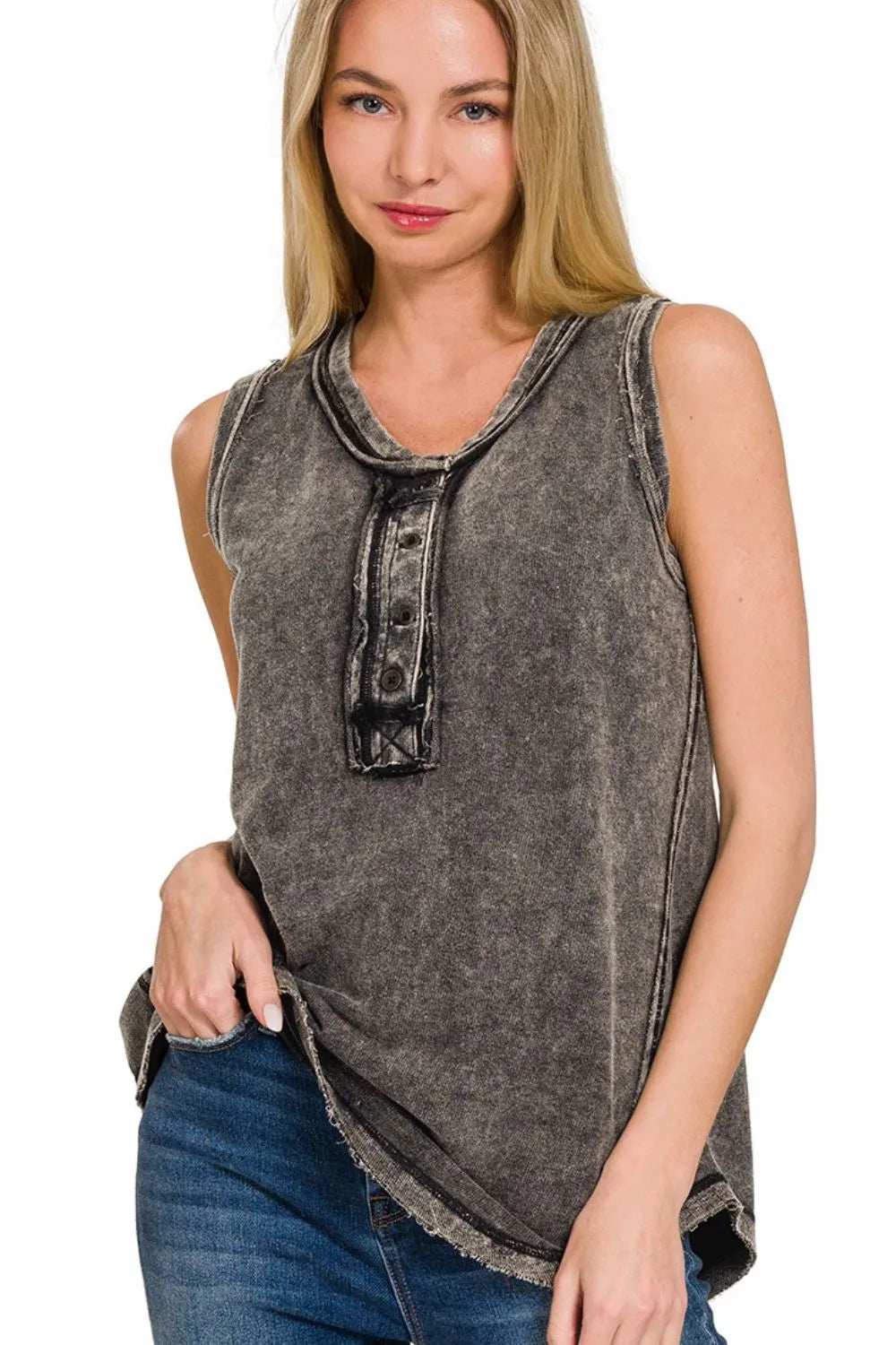 Zenana Washed Half-Button Raw Edge Sleeveless Henley Top - Trendsi - Flyclothing LLC