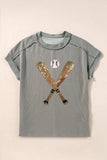 Sequin Baseball Round Neck Short Sleeve T-Shirt - Trendsi - Flyclothing LLC