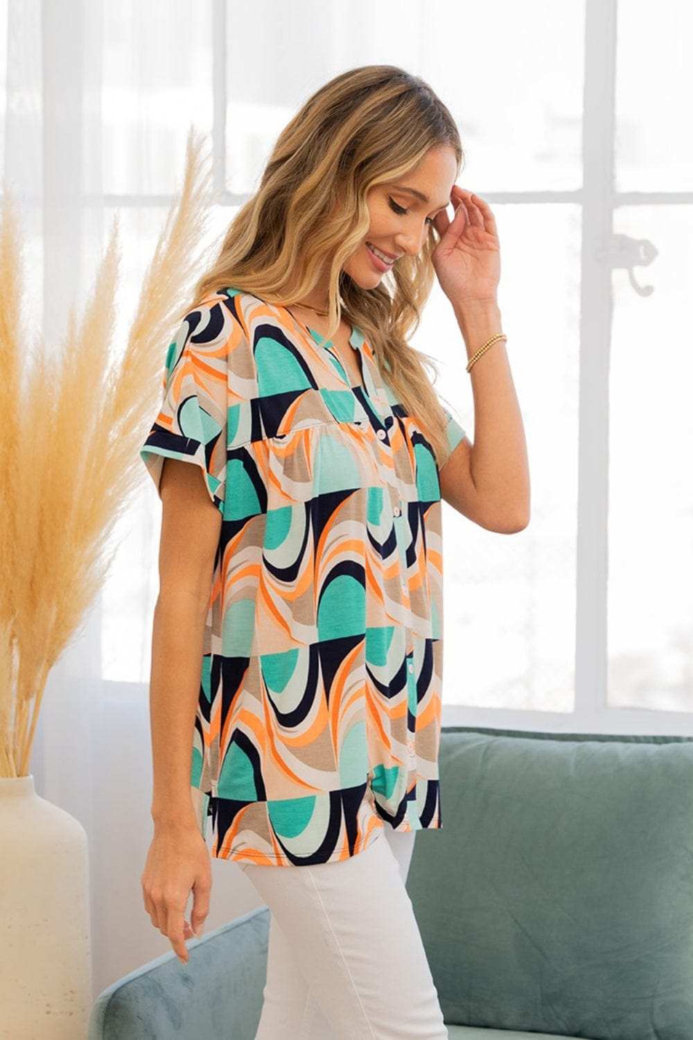 Sew In Love Wrinkle-Free Geometric Short Sleeve Shirt - Trendsi - Flyclothing LLC