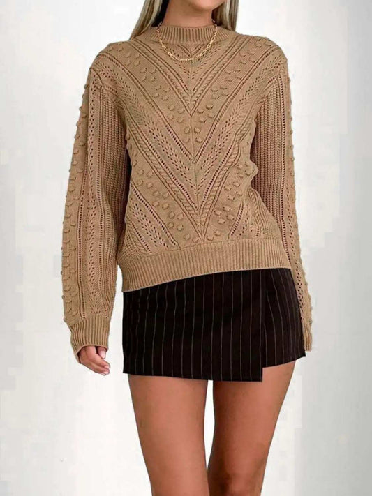 Openwork Round Neck Long Sleeve Sweater - Trendsi - Flyclothing LLC