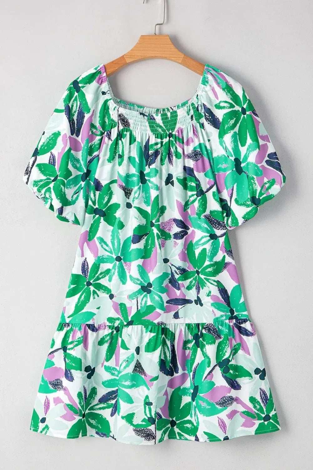 Floral Print Shirred Square Neck Loose Fit Mini Dress - Trendsi - Flyclothing LLC
