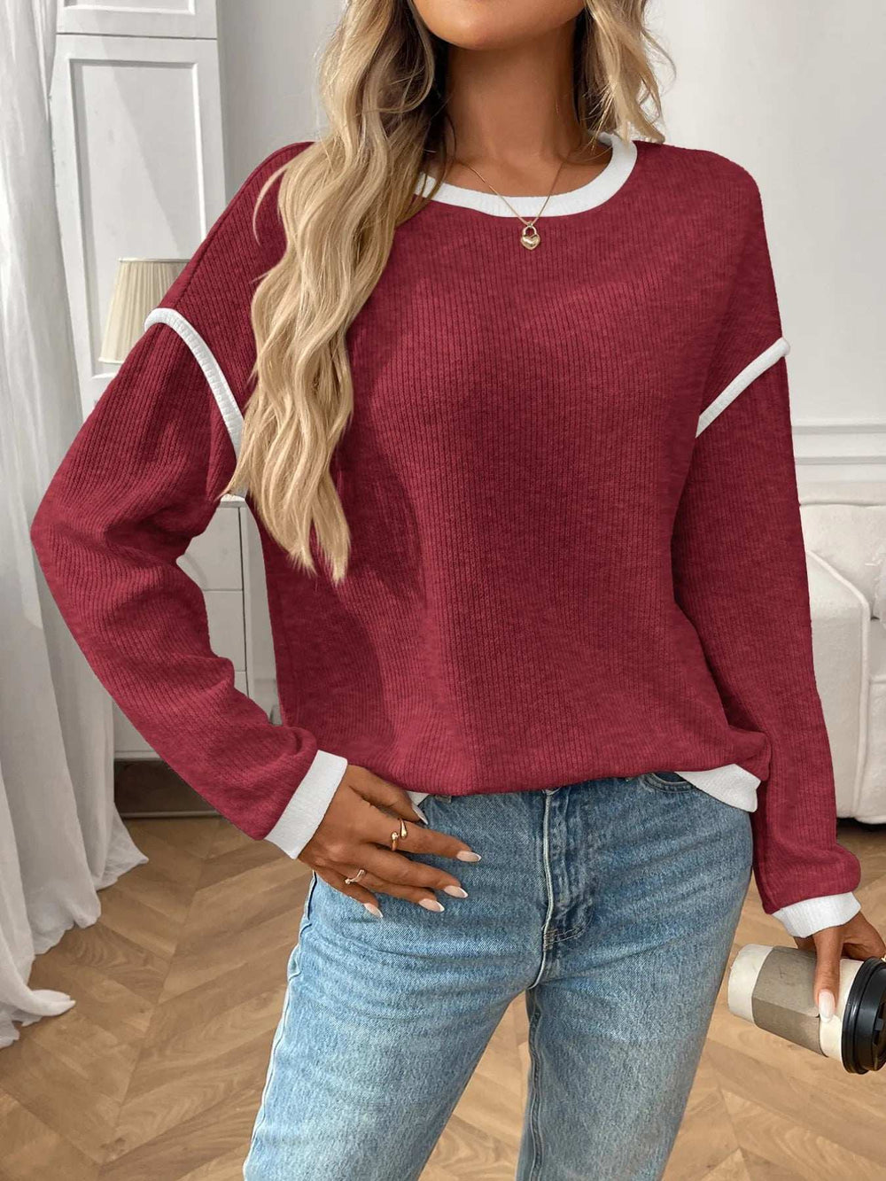 Ribbed Contrast Trim Long Sleeve Top - Trendsi - Flyclothing LLC