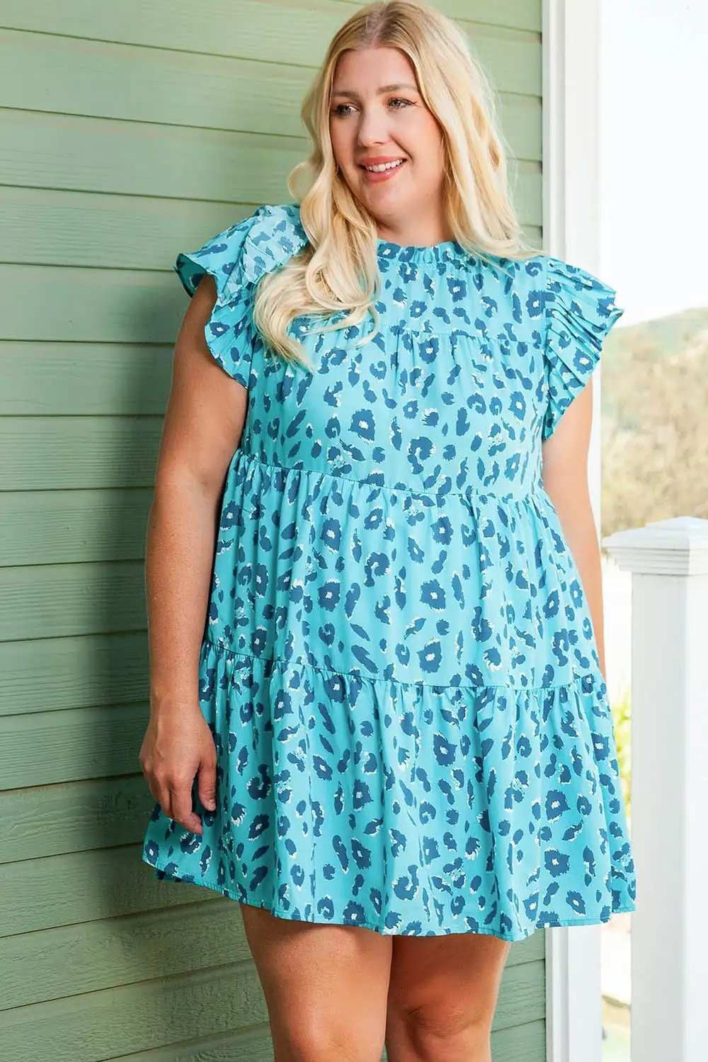 Plus Size Ruffled Leopard Cap Sleeve Mini Dress - Trendsi - Flyclothing LLC