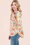 BOMBOM Floral Round Neck Puff Sleeve Top - Trendsi - Flyclothing LLC