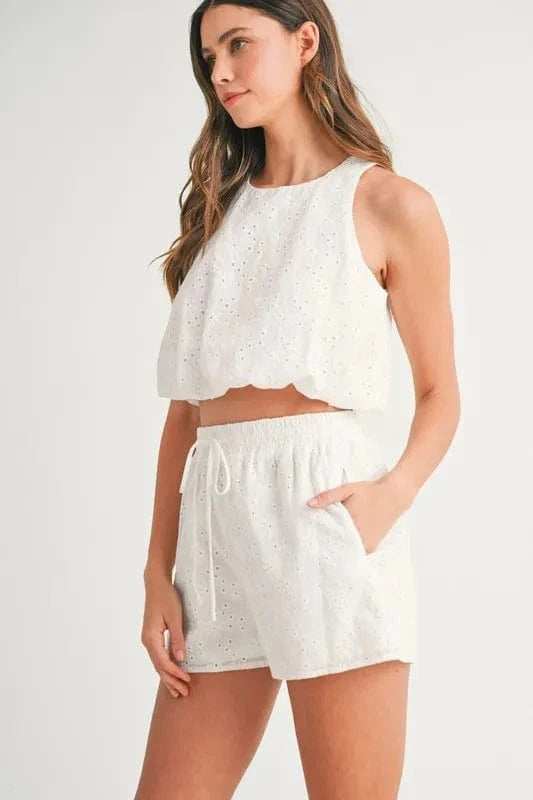 MABLE Eyelet Bubble Hem Sleeveless Top and Shorts Set - Trendsi - Flyclothing LLC