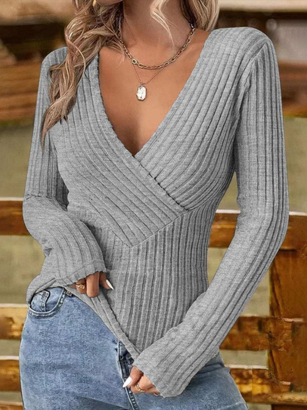 Ribbed Surplice Long Sleeve T-Shirt - Trendsi - Flyclothing LLC