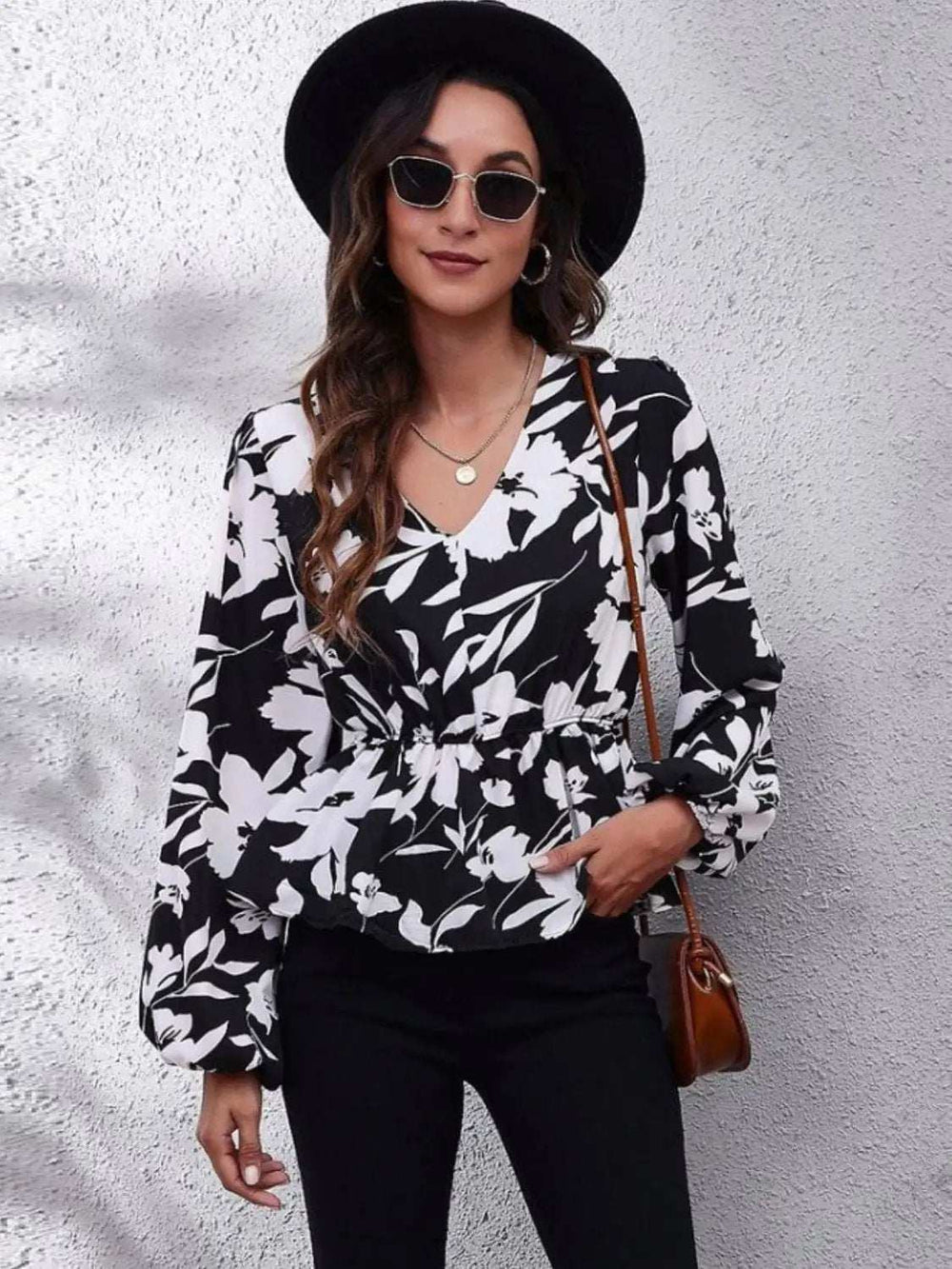 Printed V-Neck Long Sleeve Blouse - Trendsi - Flyclothing LLC