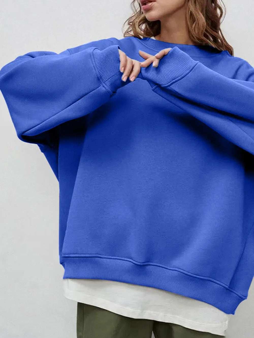 Round Neck Dropped Shoulder Long Sleeve Sweatshirt - Trendsi - Flyclothing LLC