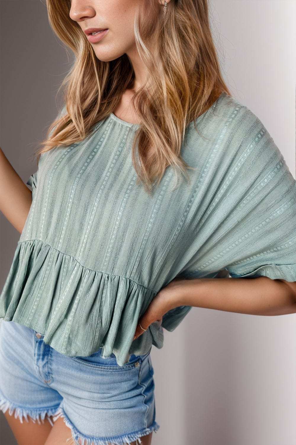 Peplum Round Neck Half Sleeve Blouse - Trendsi - Flyclothing LLC