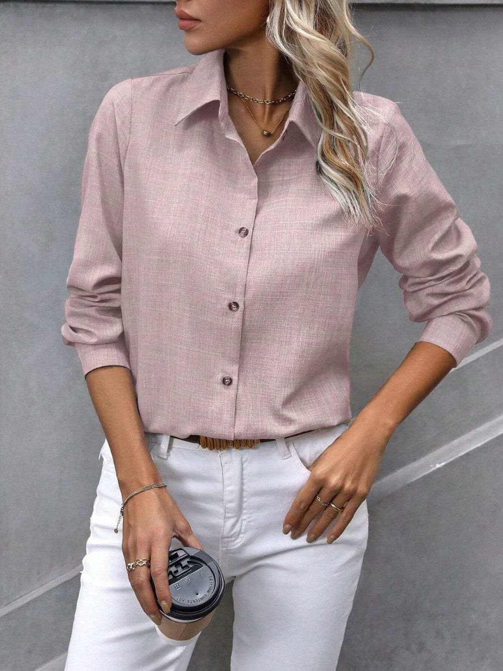 Button Up Collared Neck Long Sleeve Shirt - Trendsi - Flyclothing LLC