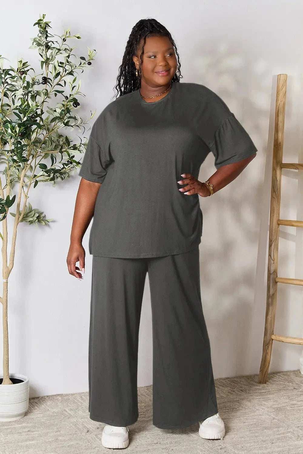 Double Take Full Size Round Neck Slit Top and Pants Set - Trendsi - Flyclothing LLC