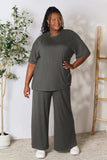 Double Take Full Size Round Neck Slit Top and Pants Set - Trendsi - Flyclothing LLC