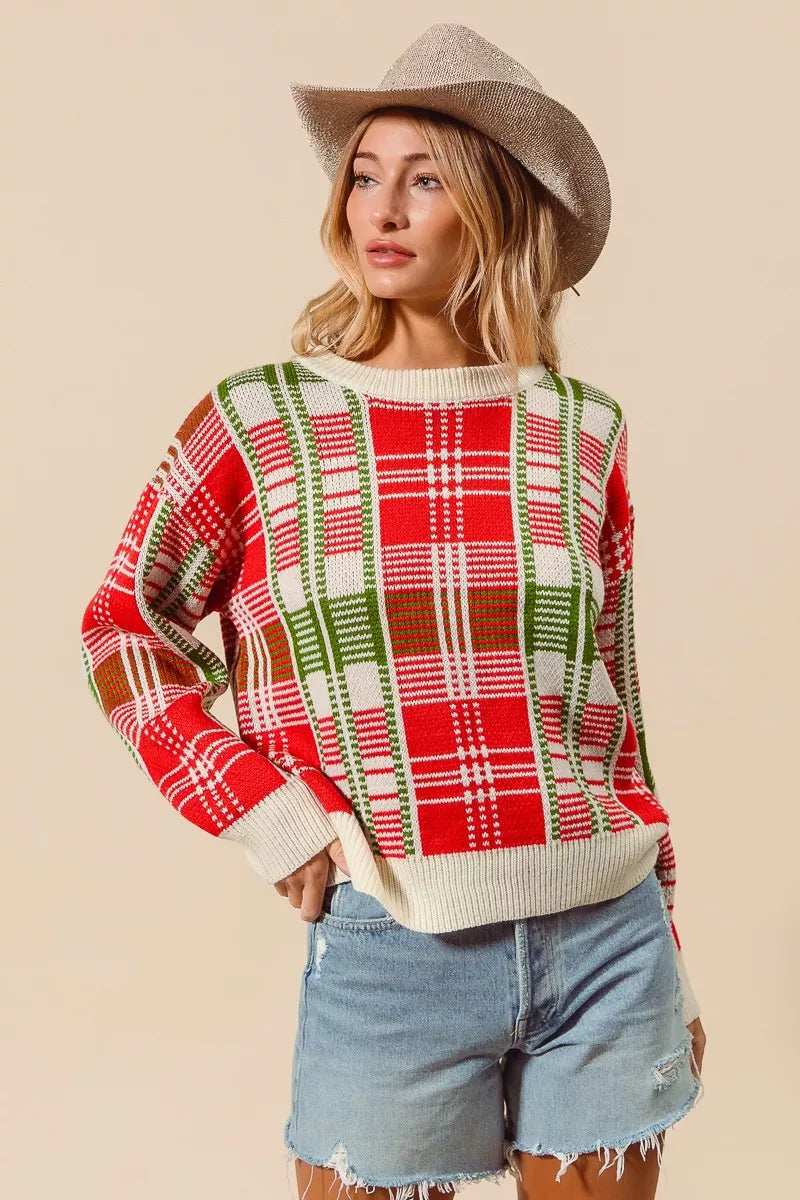 SO ME Christmas Color Checkered Plaid Crew Neck Sweater - Trendsi - Flyclothing LLC