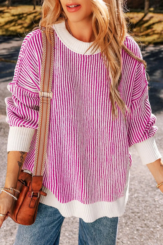 Striped Textured Knit Contrast Edge Loose Sweater - Trendsi - Flyclothing LLC