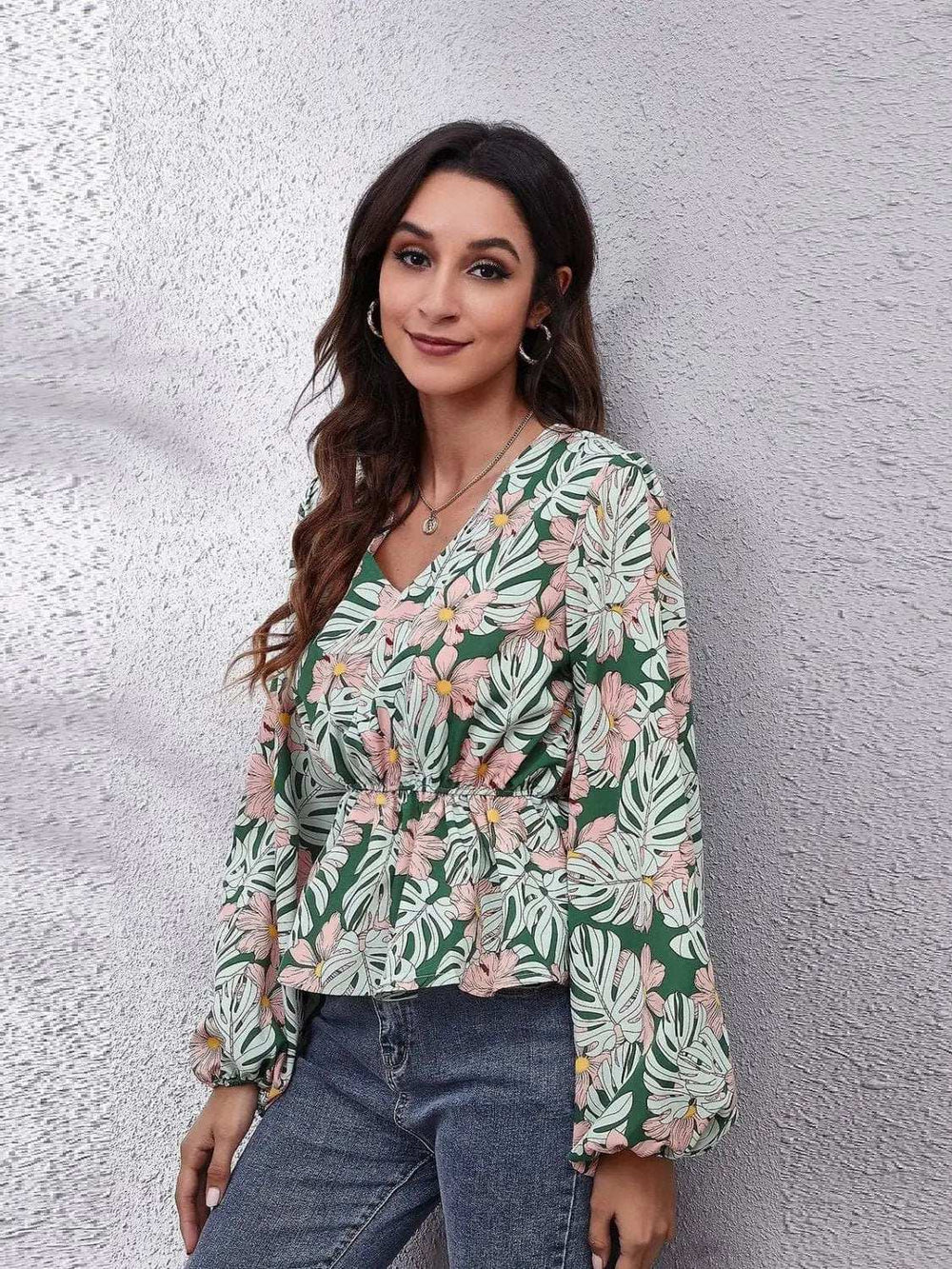 Ruched Printed V-Neck Long Sleeve Blouse - Trendsi - Flyclothing LLC
