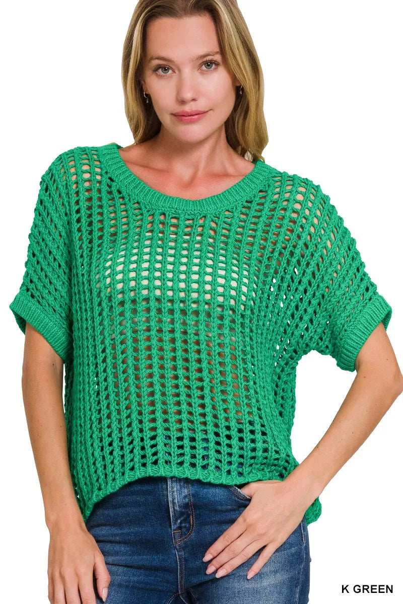 Zenana Fish Net Short Sleeve Crochet Knit Cover Up - Trendsi - Flyclothing LLC