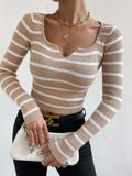 Striped Notched Long Sleeve Sweater - Trendsi - Flyclothing LLC