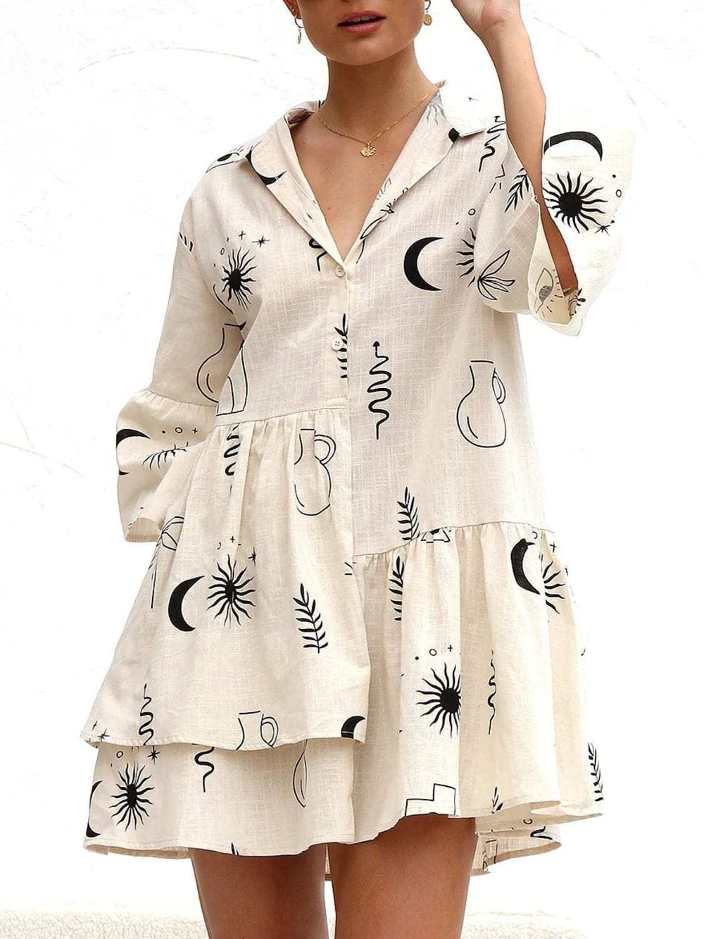 Printed Collared Neck Three-Quarter Sleeve Mini Dress - Trendsi - Flyclothing LLC