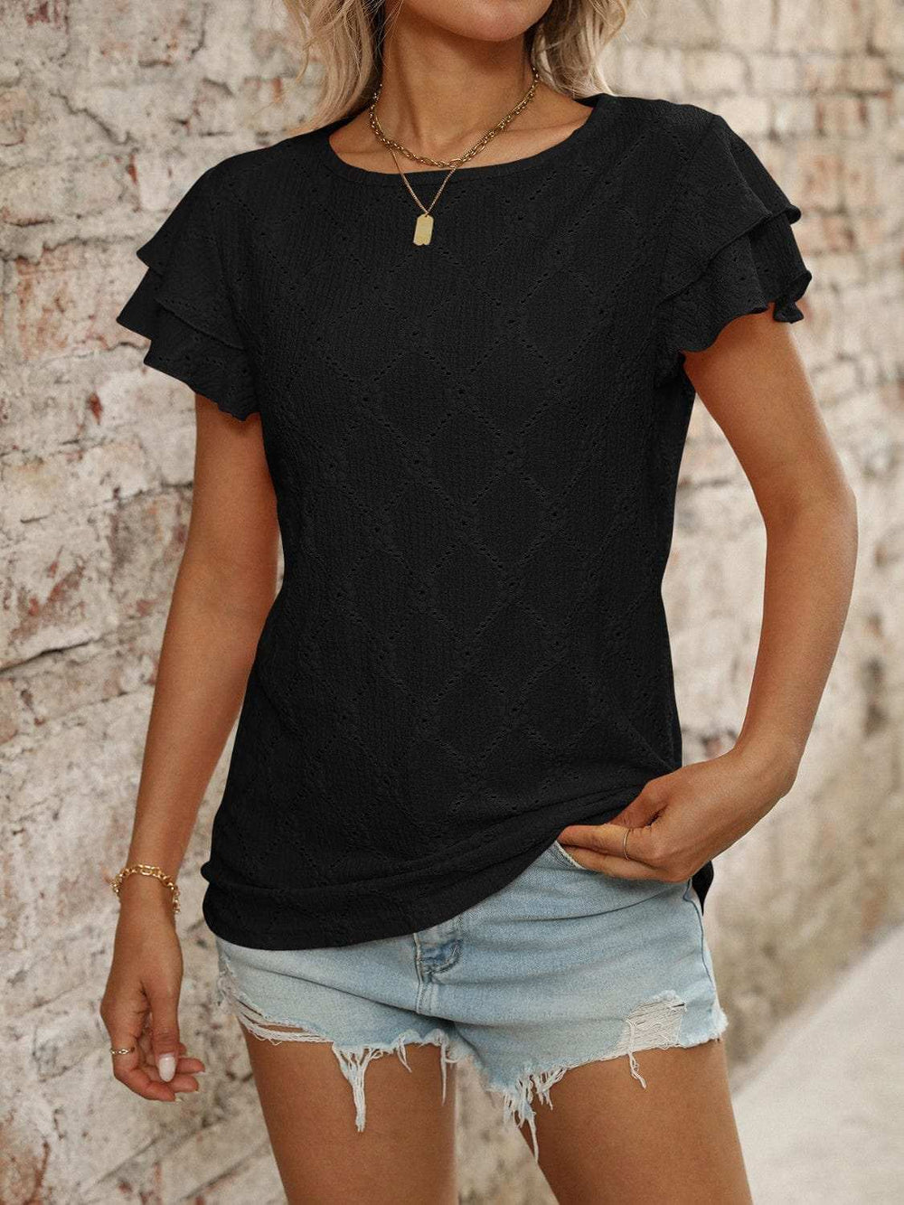 Eyelet Round Neck Double Layered Ruffled Short Sleeve Top - Trendsi - Flyclothing LLC