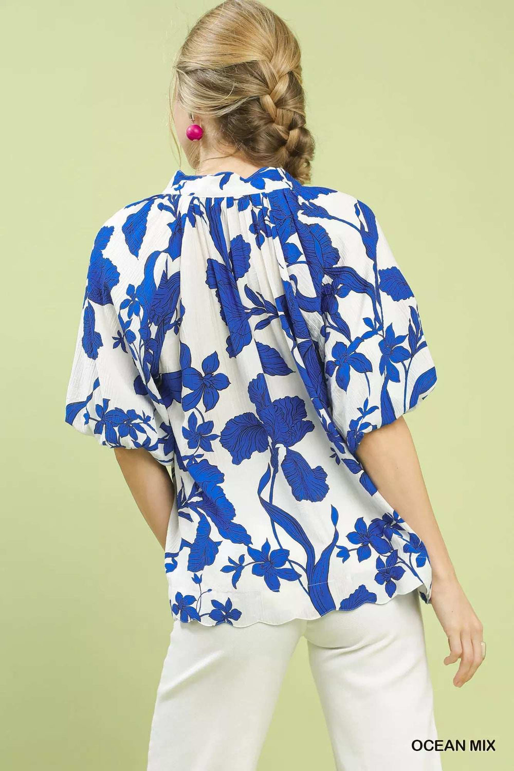 Umgee Floral Print Puff Sleeve Blouse with Scallop Hem - Trendsi - Flyclothing LLC
