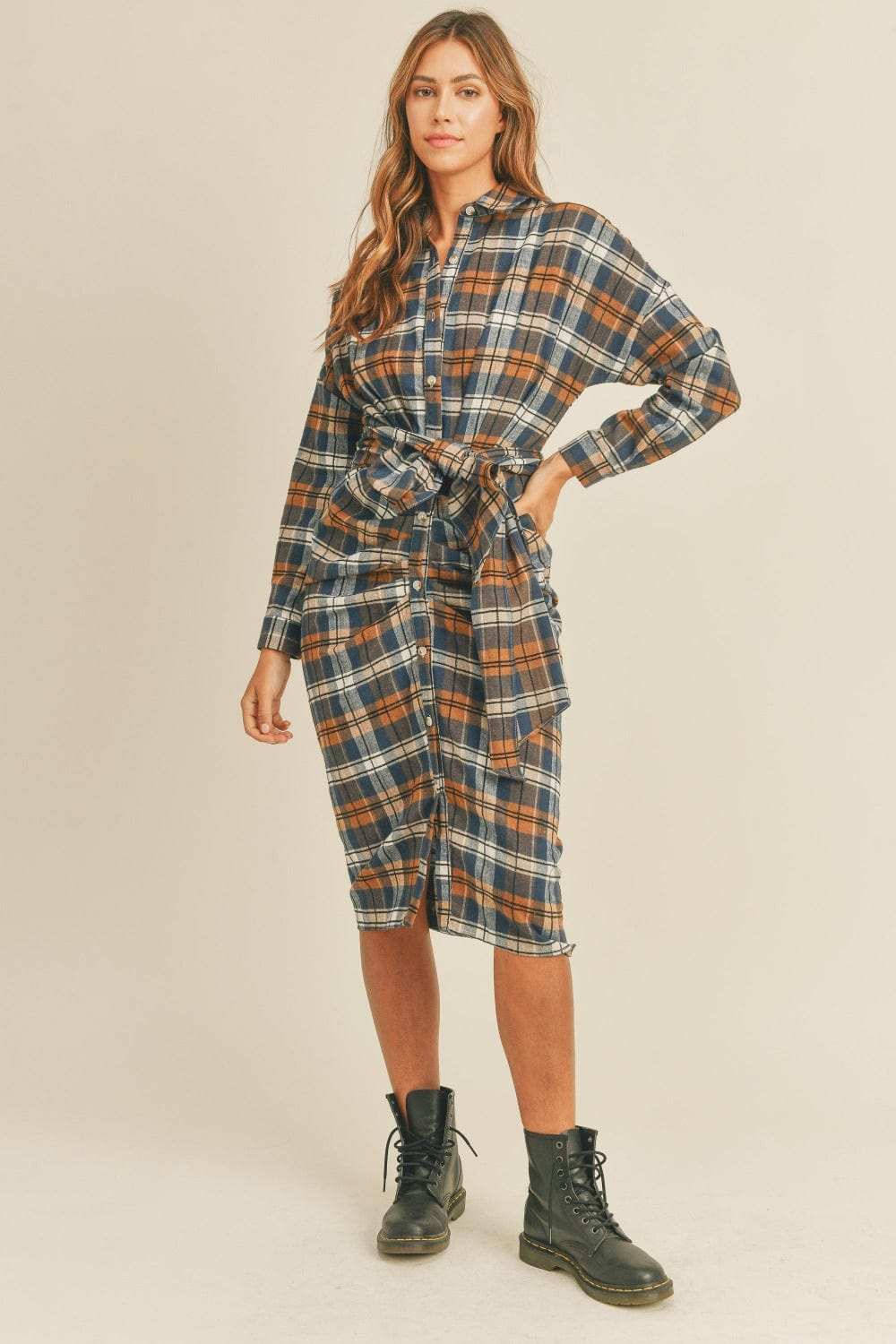 Mable Plaid Flannel Front Tie Button Down Shirt Dress - Trendsi - Flyclothing LLC